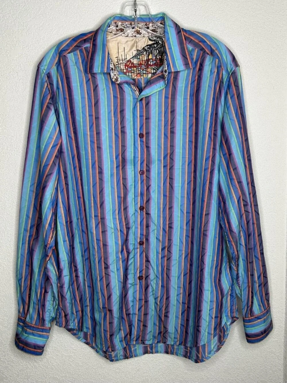 Robert Graham Shirt Mens M Multicolor Stripe Long Sleeve Flip Cuff Embroidered